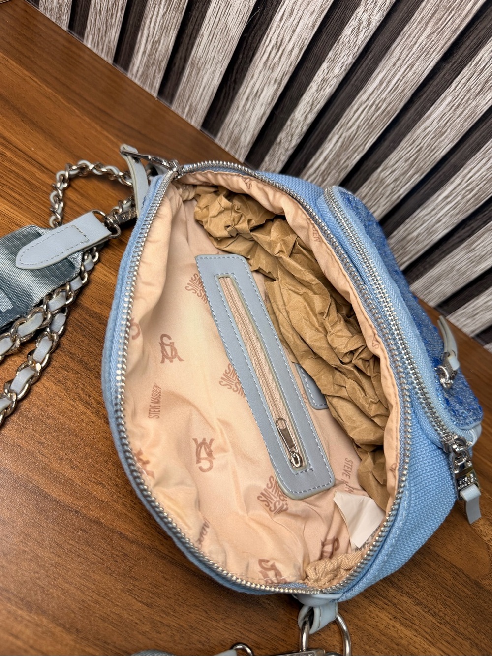 Steve Madden Light Blue Embellished Crossbody Bag with Chain Detail - Picture 15 of 16